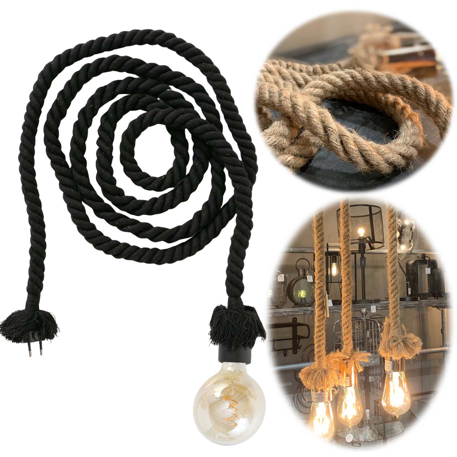 LS-LebenStil Möbel & Wohnen Pendelleuchte 300cm Schwarz Sisal-Seil