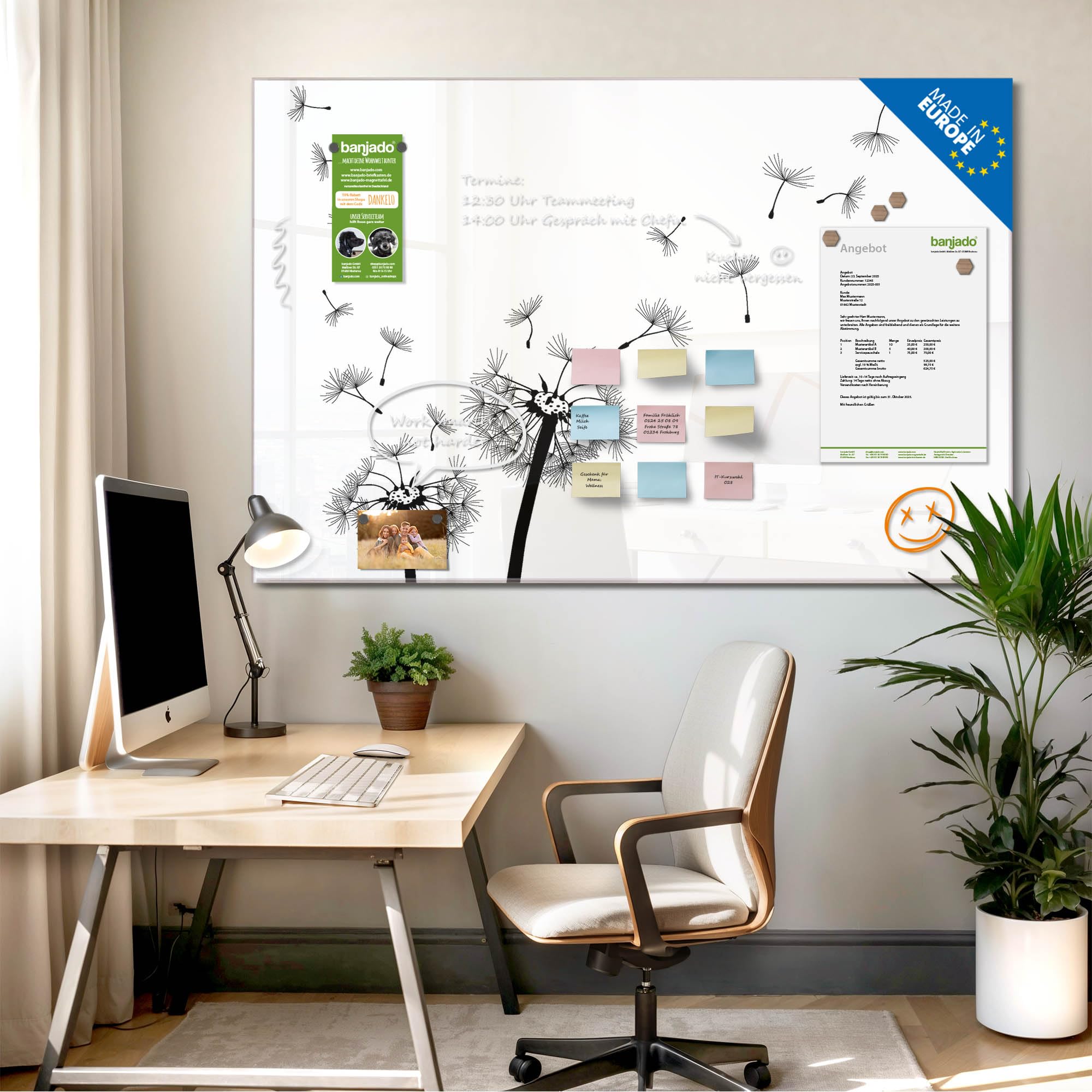 Banjado Magnettafel Pusteblume 2 Glastafel 120x80cm beschreibbar