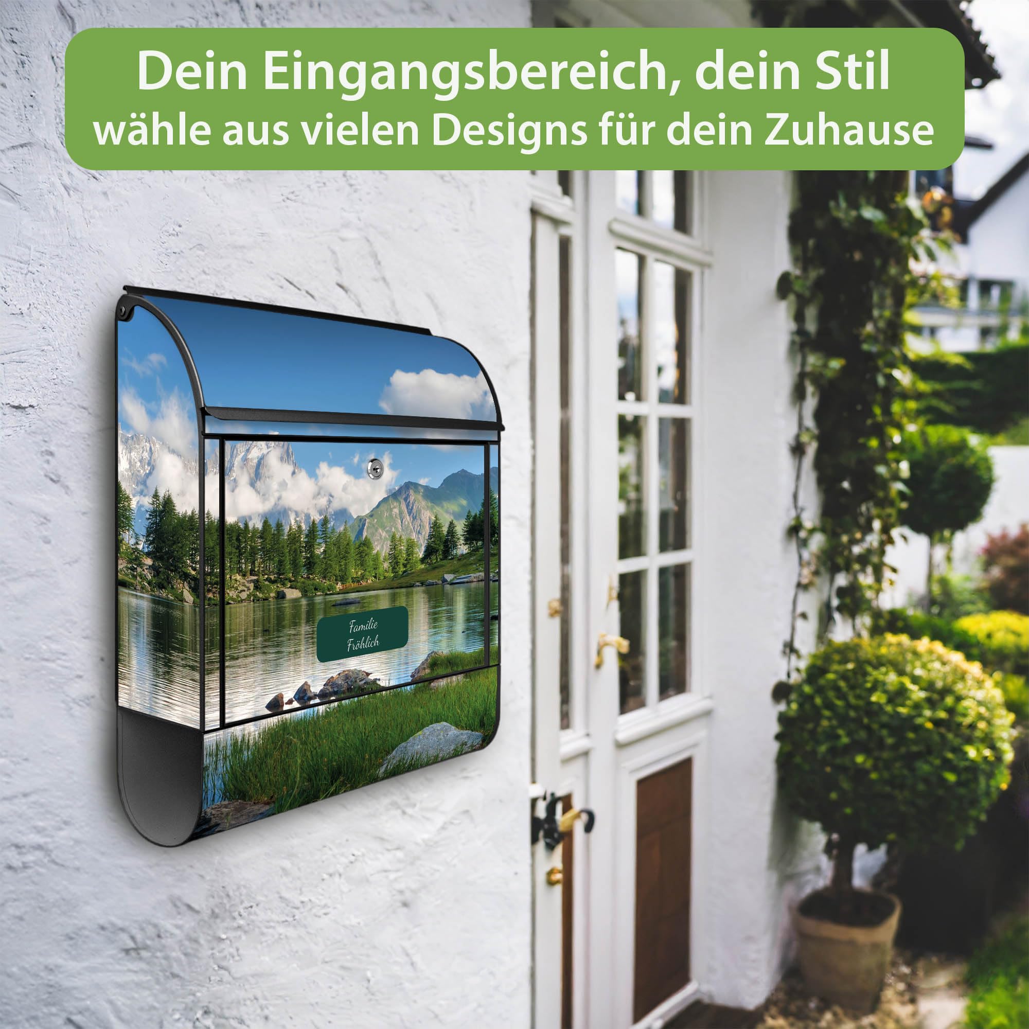 Banjado Briefkasten Gebirgssee Postkasten Schwarz mit Name A4