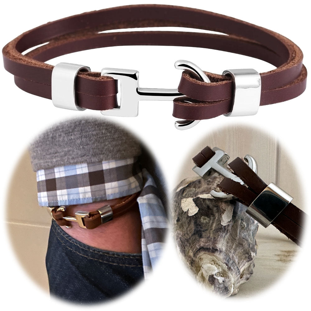 LS-LebenStil List Lederarmband Anker Braun Silber 23cm Echtleder