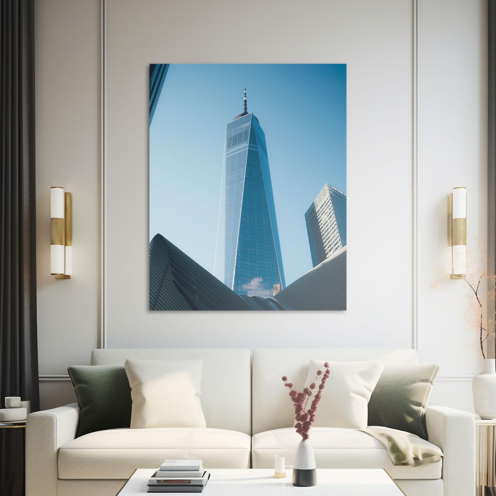 Hustling Sharks Turm aus Glas im klaren Himmel Wandbild 40x30