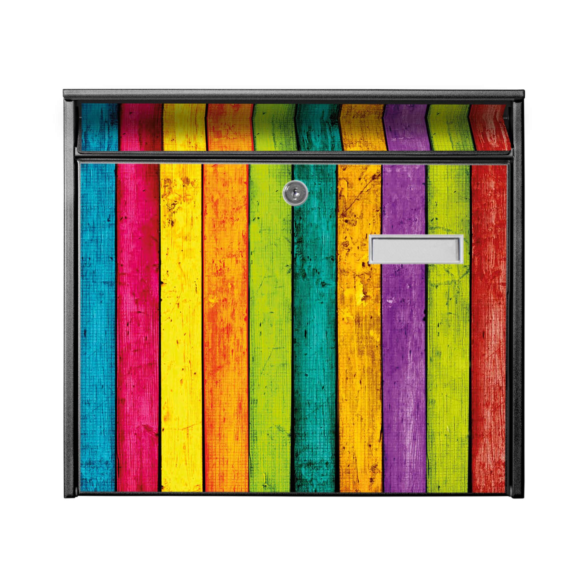 Banjado Briefkasten Bunte Holzlatten Schwarz A4 ohne Zeitungsfach