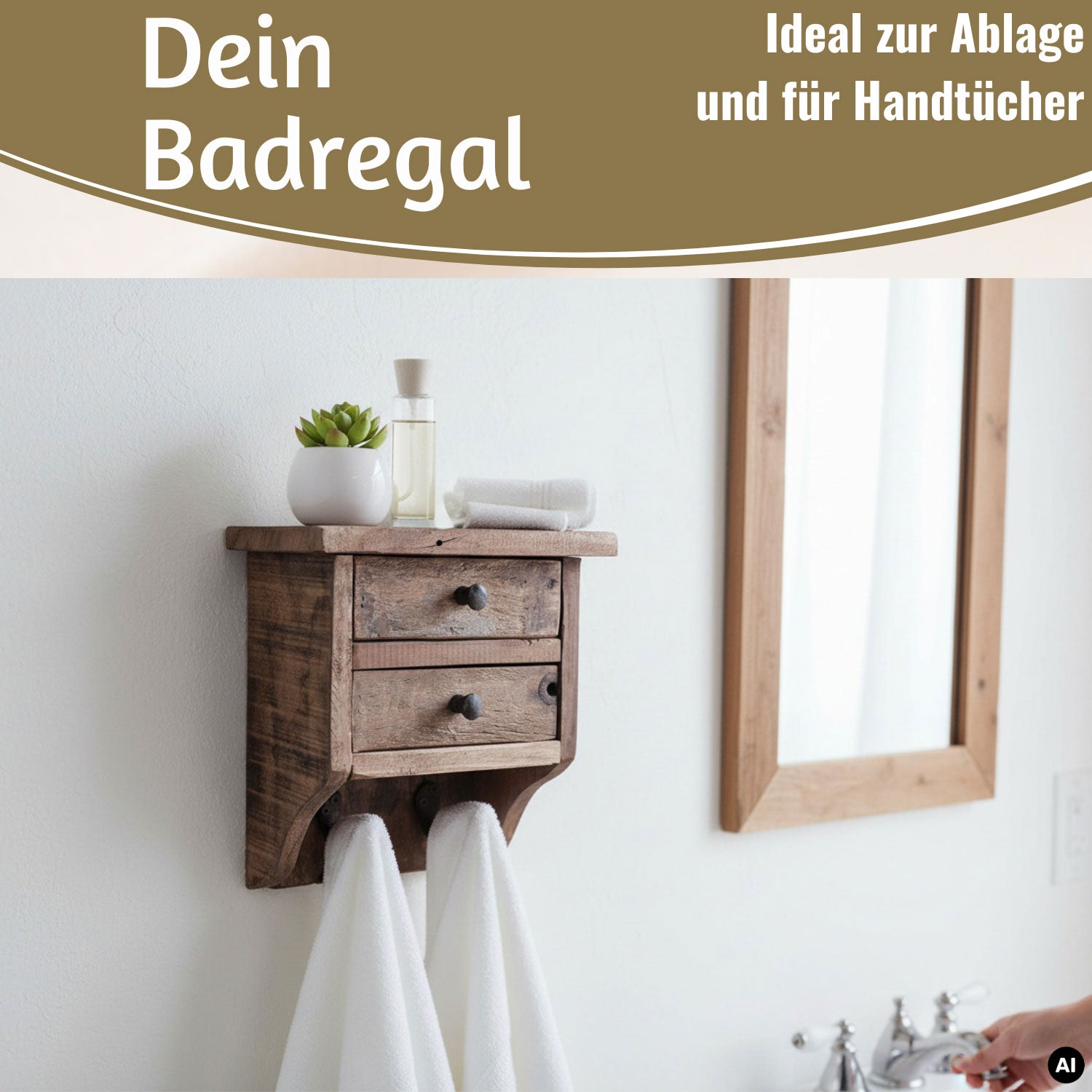 LS-LebenStil Dehli Wandregal Holz 25cm mit 2 Haken Braun