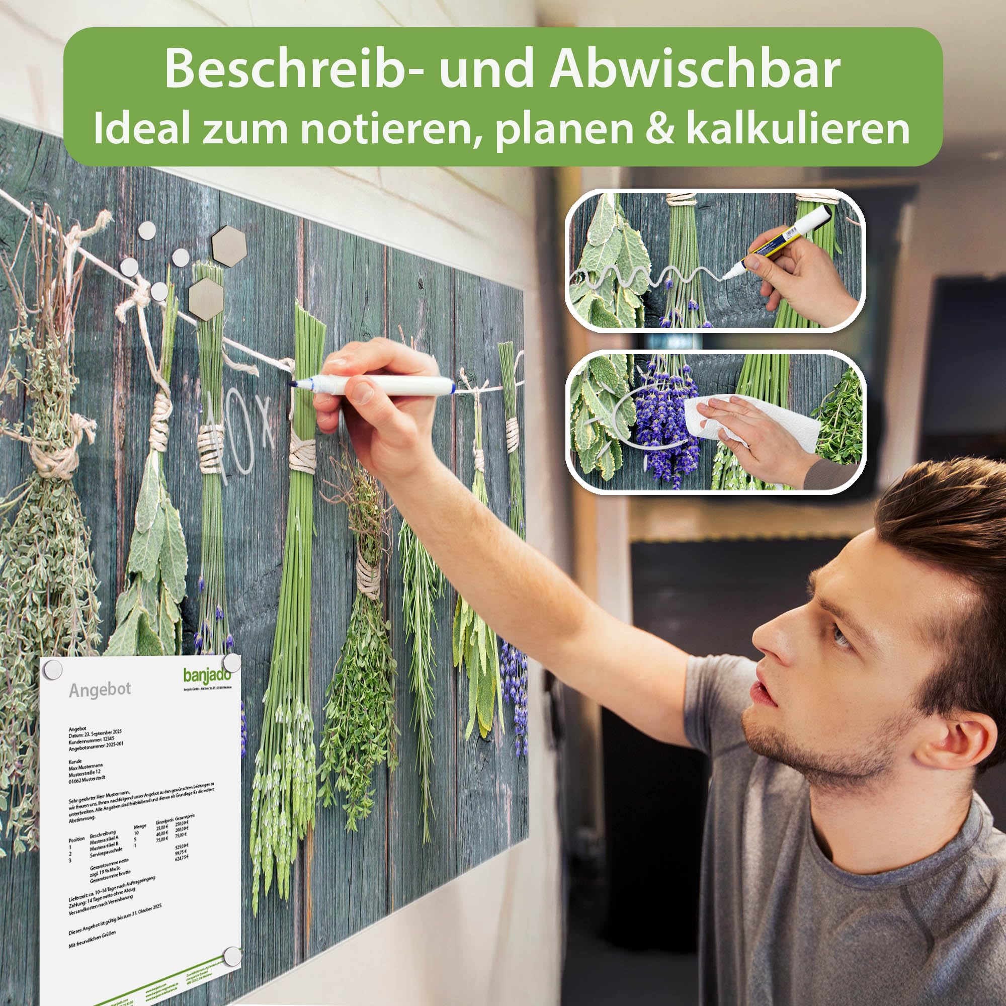 Banjado Magnettafel Acht Kräuter Glas 120x80 cm Küche
