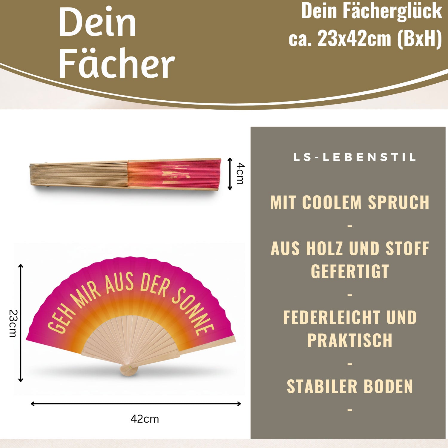 LS-LebenStil Handfächer Holz Pink 42cm faltbar