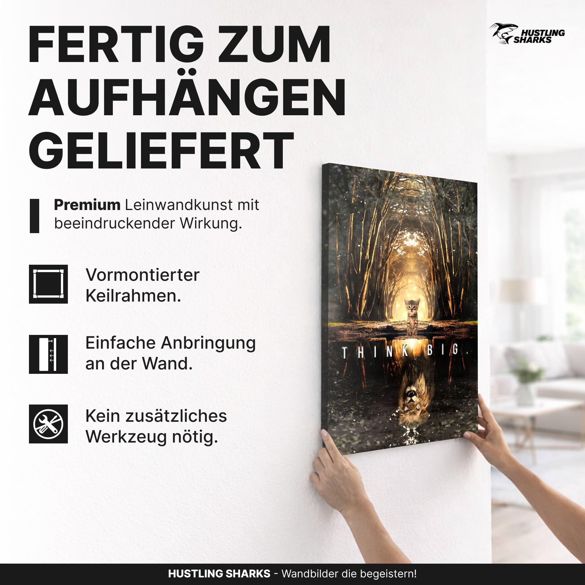 Hustling Sharks Think Big Leinwand 30x40 cm Schwarz Motivation