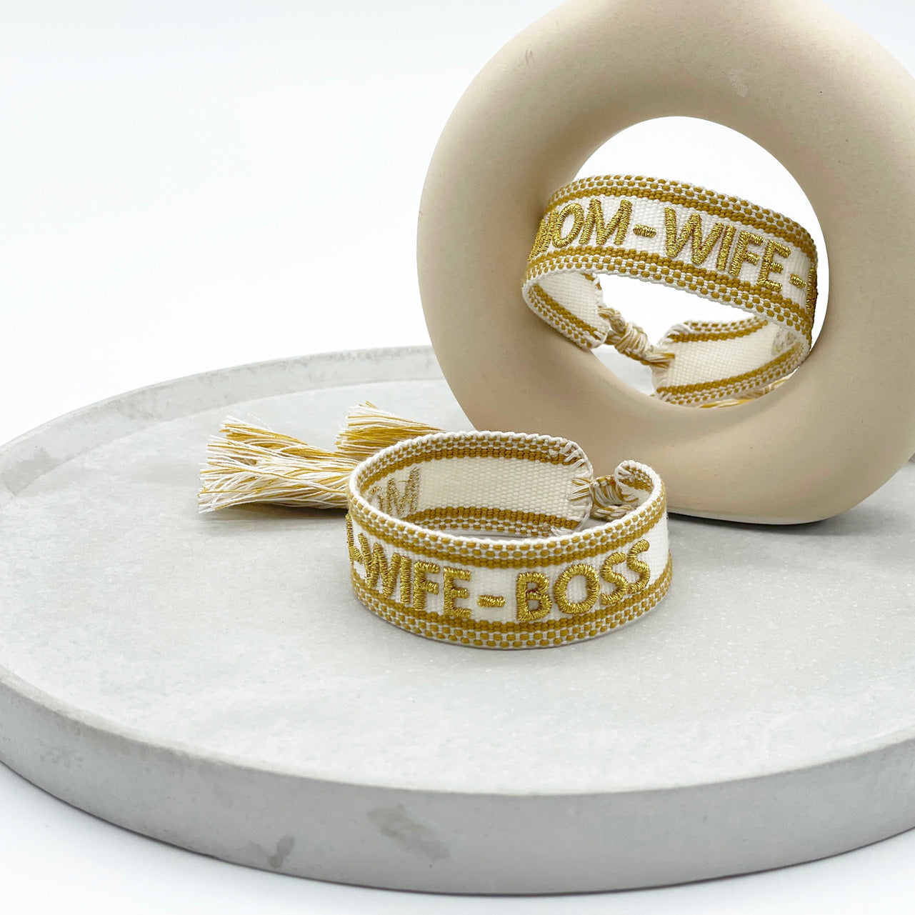 LS-LebenStil Canvas Armband Mom Wife Boss Creme Gold
