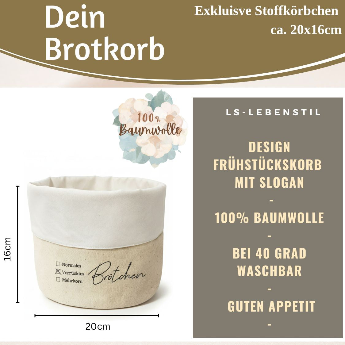 LS-LebenStil Design Brotkorb Stoff 20x16cm Verrücktes Brötchen