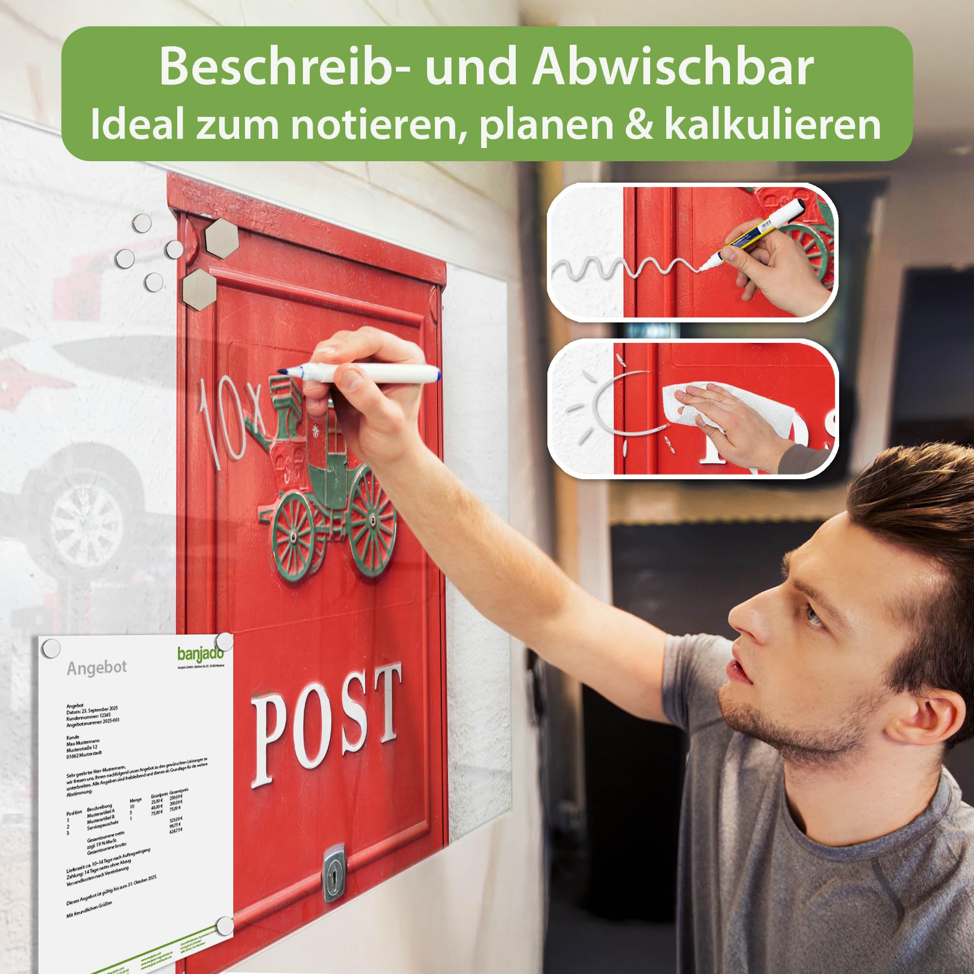 Banjado Magnettafel Postkasten Nostalgie Magnetboard 120x80 cm Glas