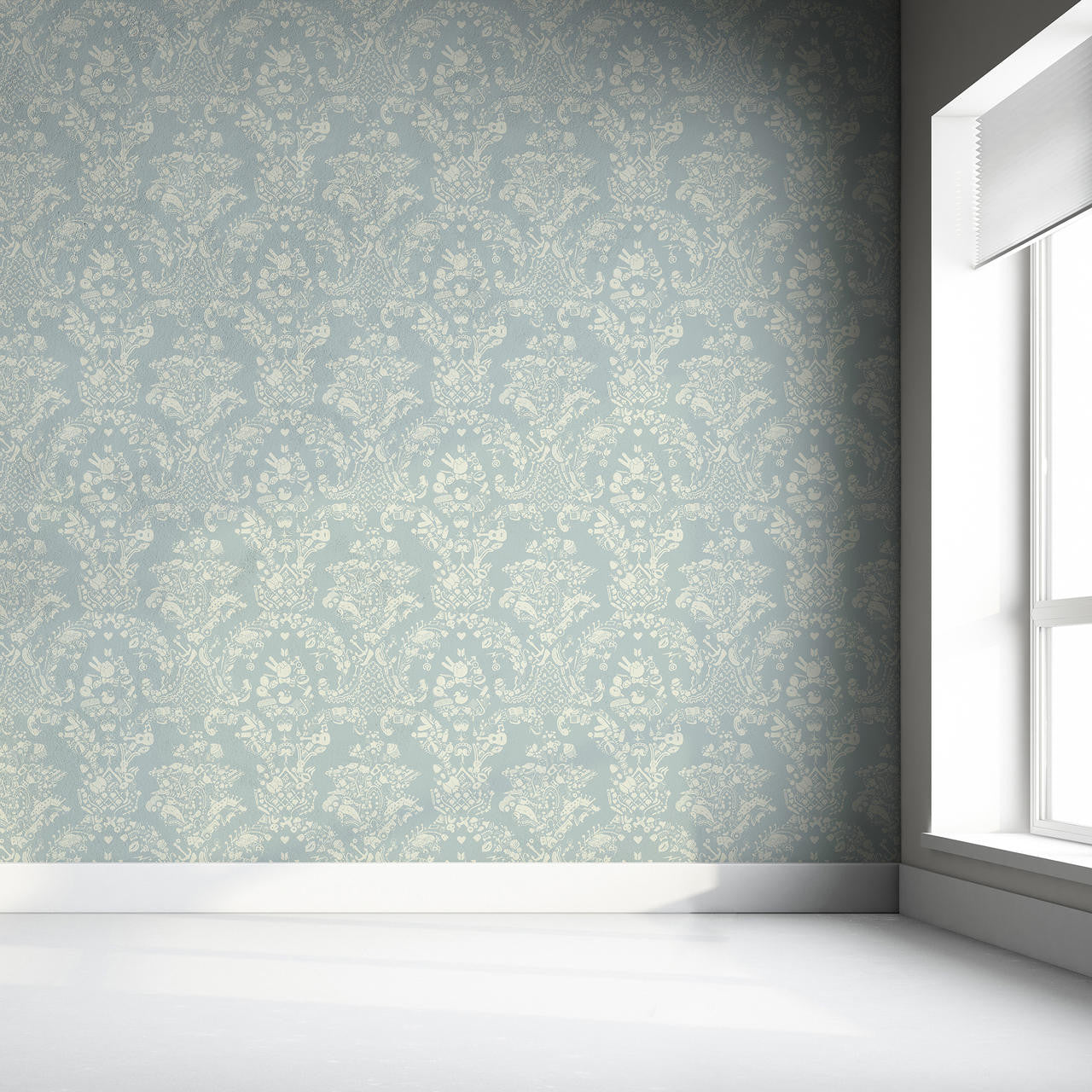 Mineheart New World Damask Tapete Grau-Blau-Weiß Vlies