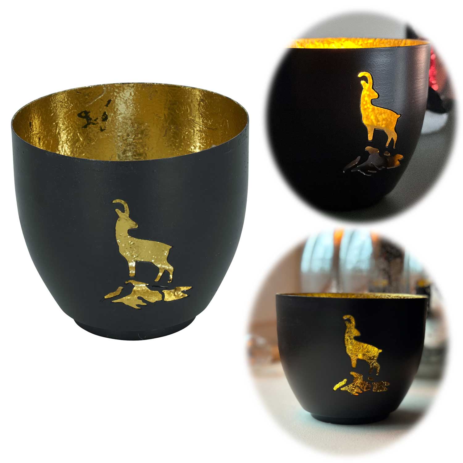 LS-LebenStil Steinbock Teelichthalter Schwarz Gold 9cm