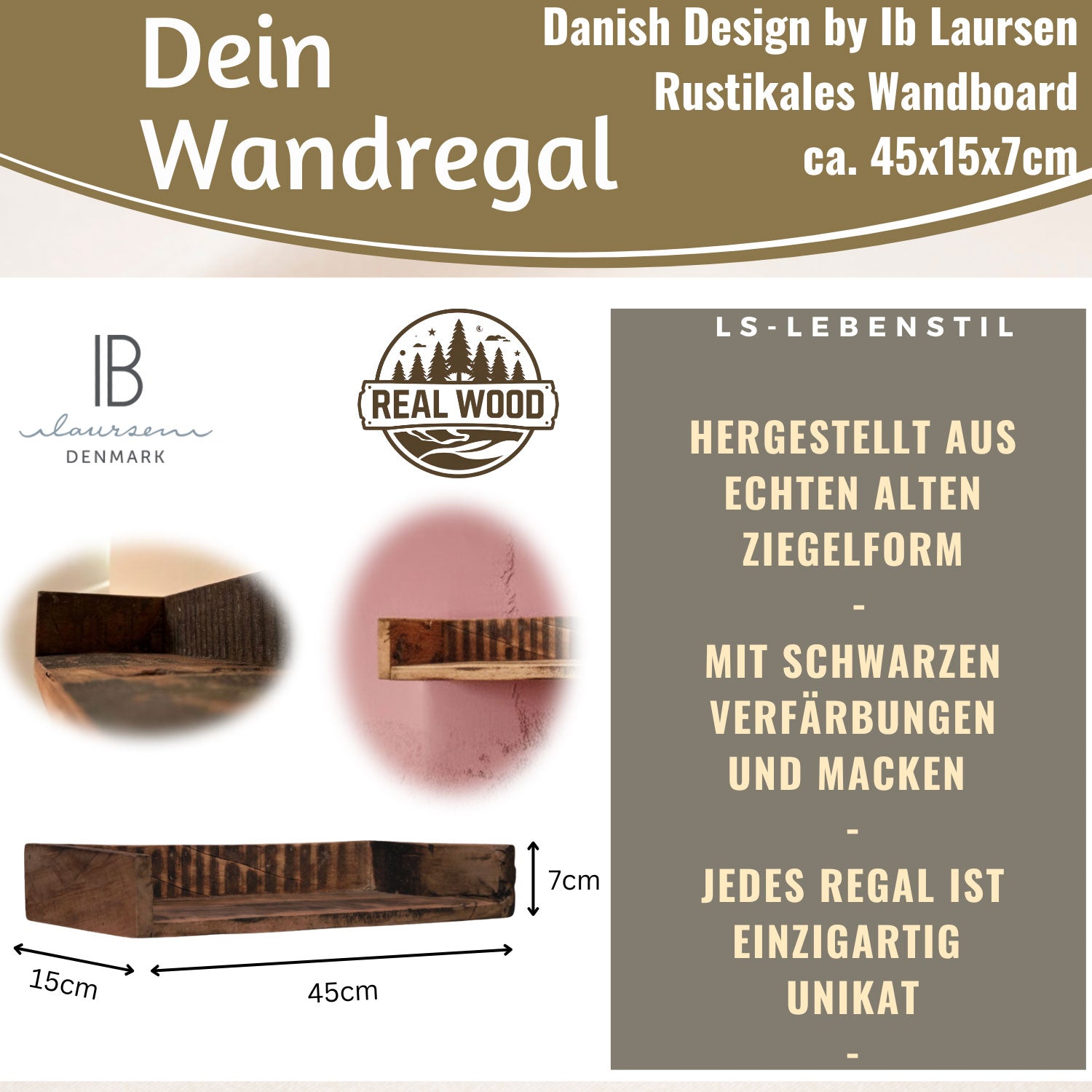IB Laursen Wandregal Holz Ziegelform 45cm Braun Unika