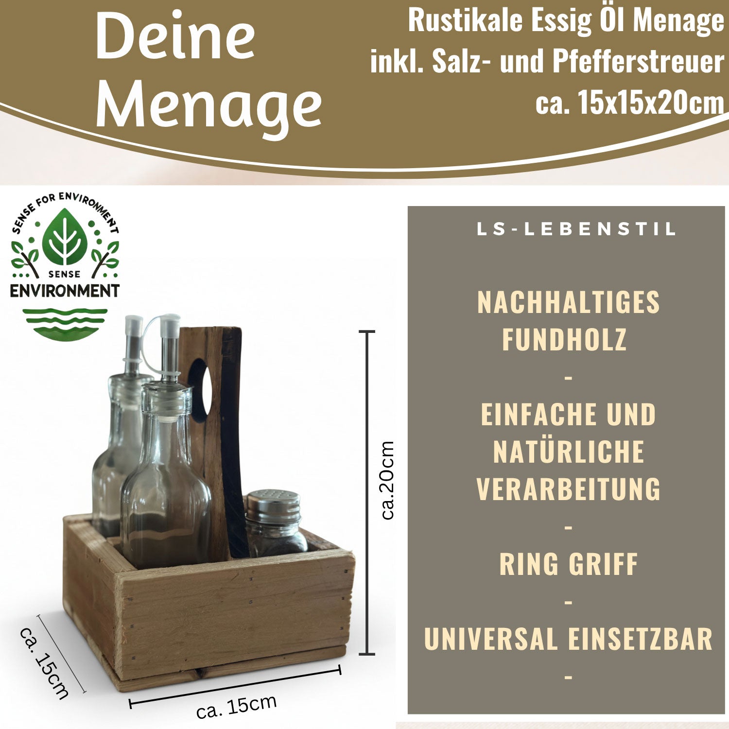Holz Menage Essig-Öl-Spender Set 5-teilig 200ml mit Streuern