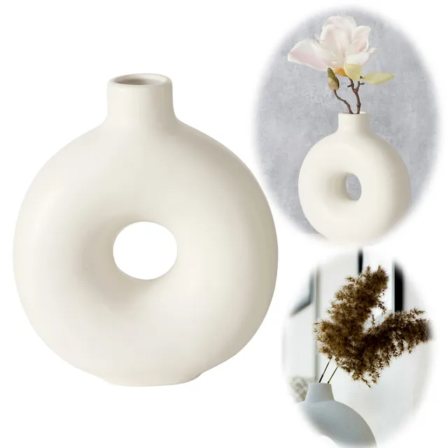 LS-LebenStil Donut Vase Keramik 20x17cm Creme Weiß Rund