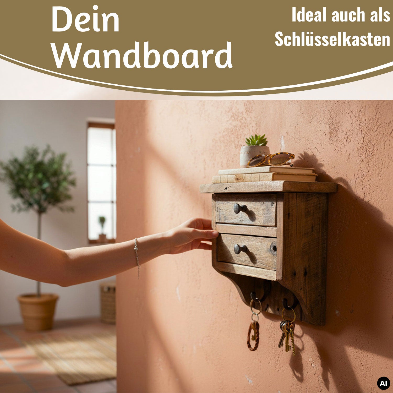 LS-LebenStil Dehli Wandregal Holz 25cm mit 2 Haken Braun