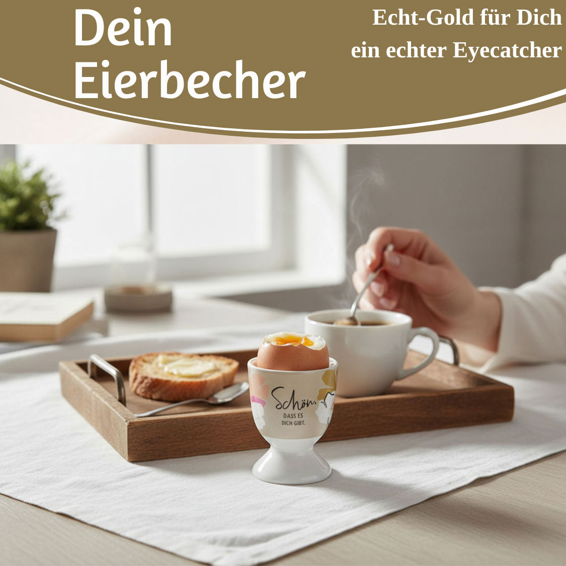LS-LebenStil Küche & Haushalt Spruch Eierbecher Porzellan Gold 6cm