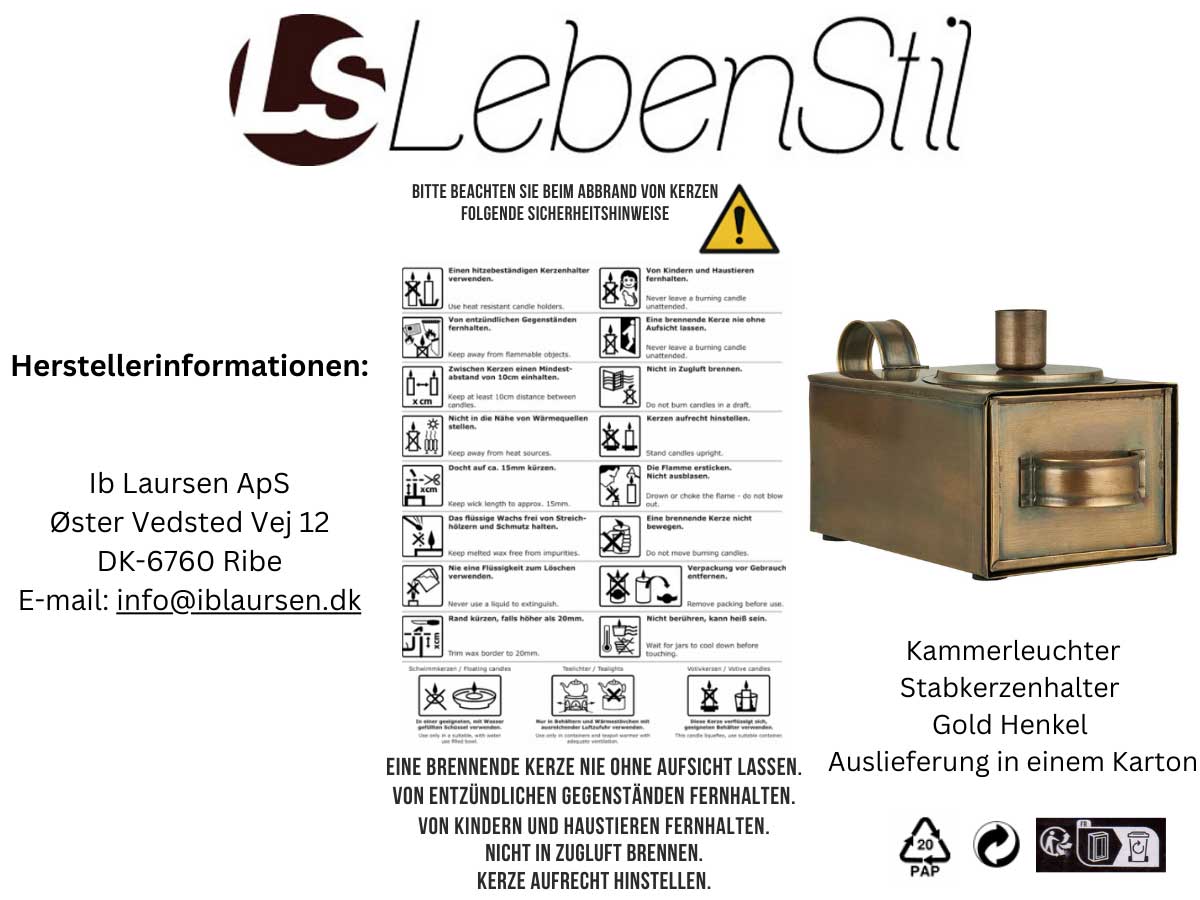 LS-LebenStil Möbel & Wohnen Kammerleuchter Gold Stabkerzenhalter 20cm