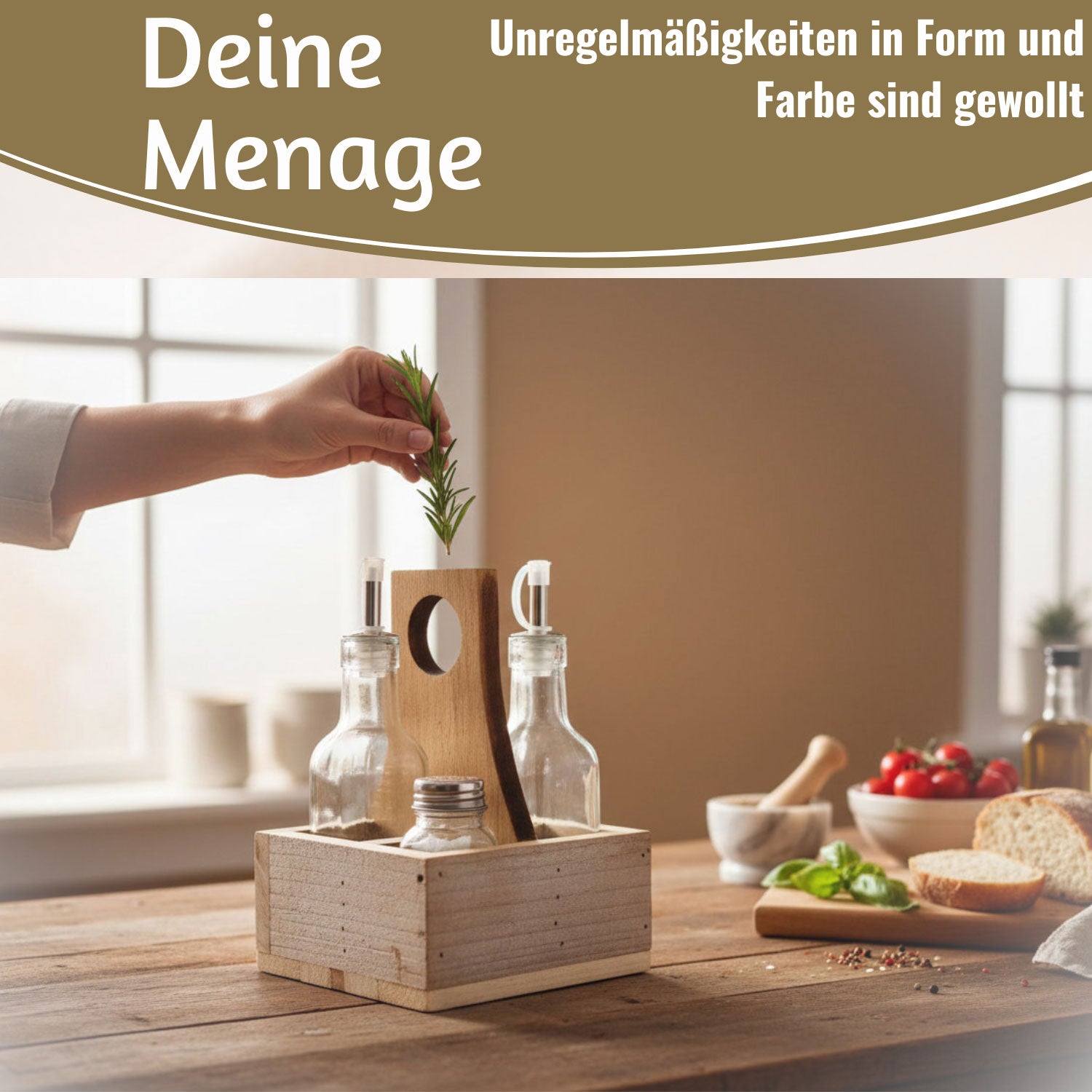 Holz Menage Essig-Öl-Spender Set 5-teilig 200ml mit Streuern