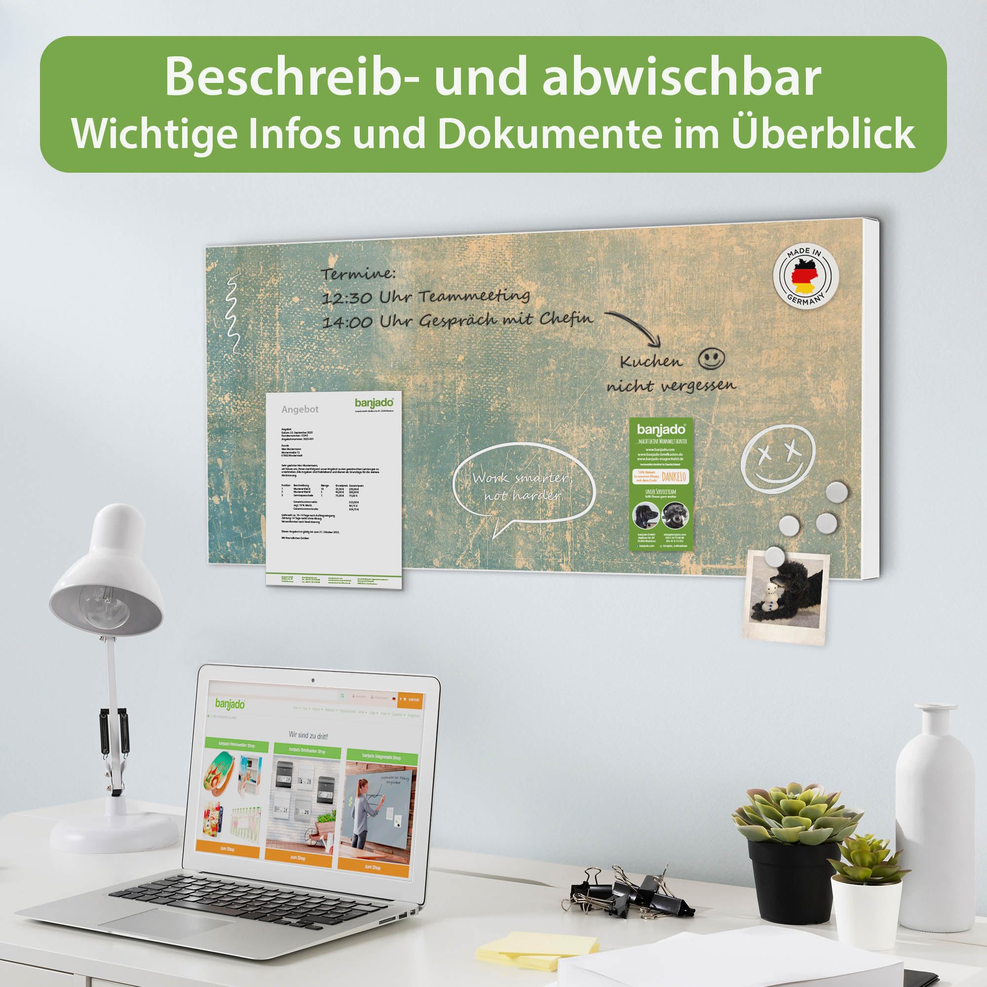 Banjado Magnettafel Patina Grün Metall 78x37 cm Weiß
