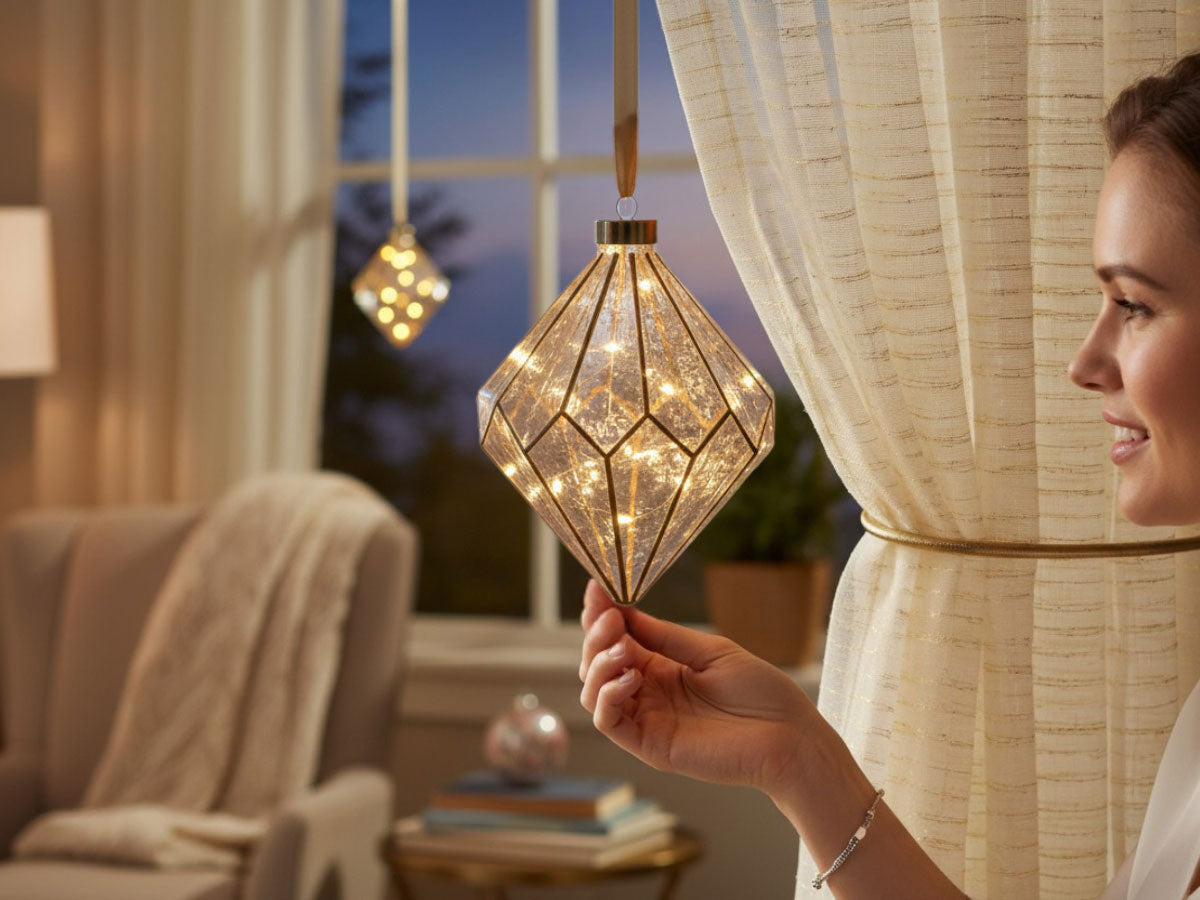 LS-LebenStil Kampen Lichtkugel Glas Gold 15 LED 16cm Timer