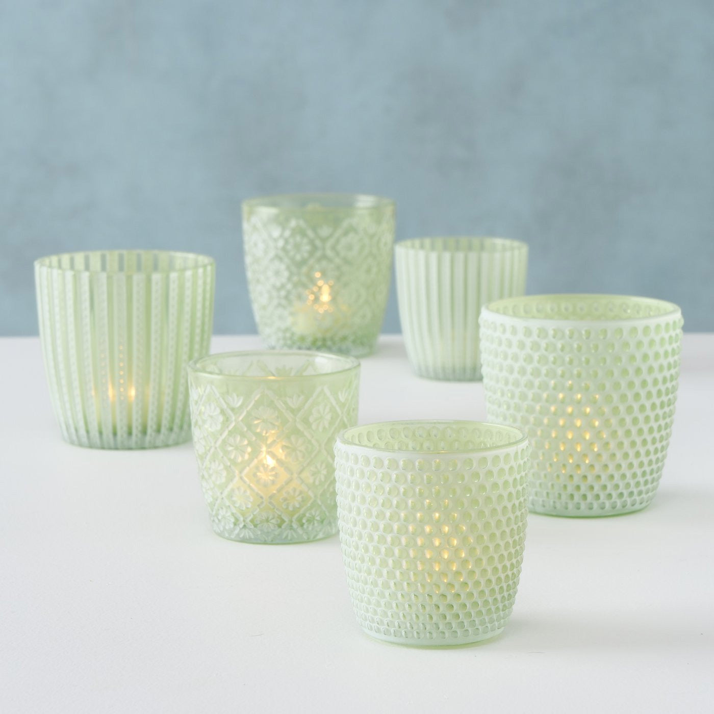 LS-LebenStil Küche & Haushalt Teelichthalter Glas Grün Weiß 6er Set