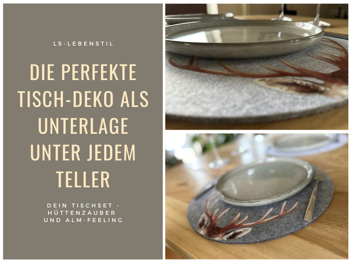 LS-LebenStil Tischset Filz Hirschgeweih Hellgrau 38cm 2er Set