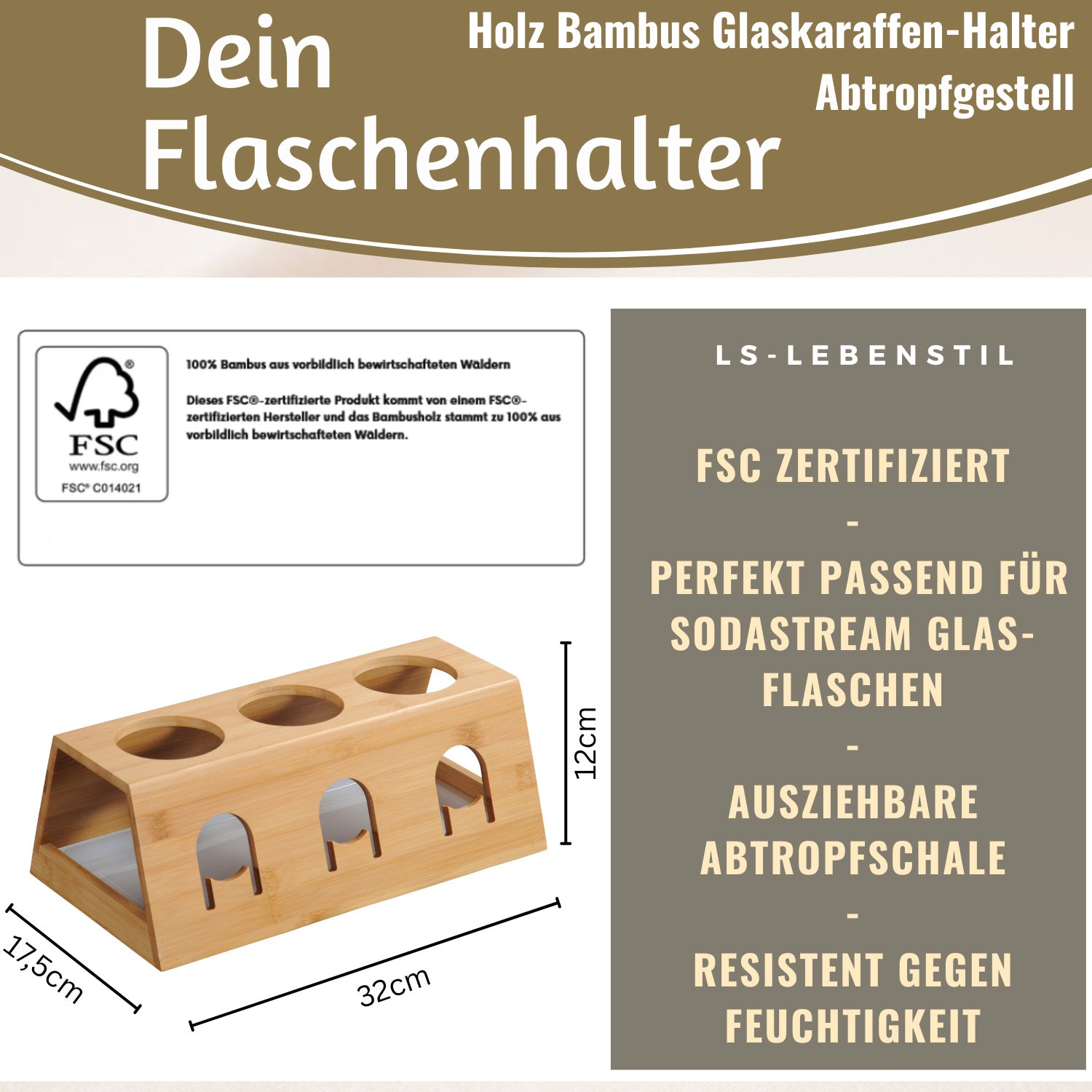 LS-LebenStil Küche & Haushalt Flaschenständer Bambus 3 Flaschen braun
