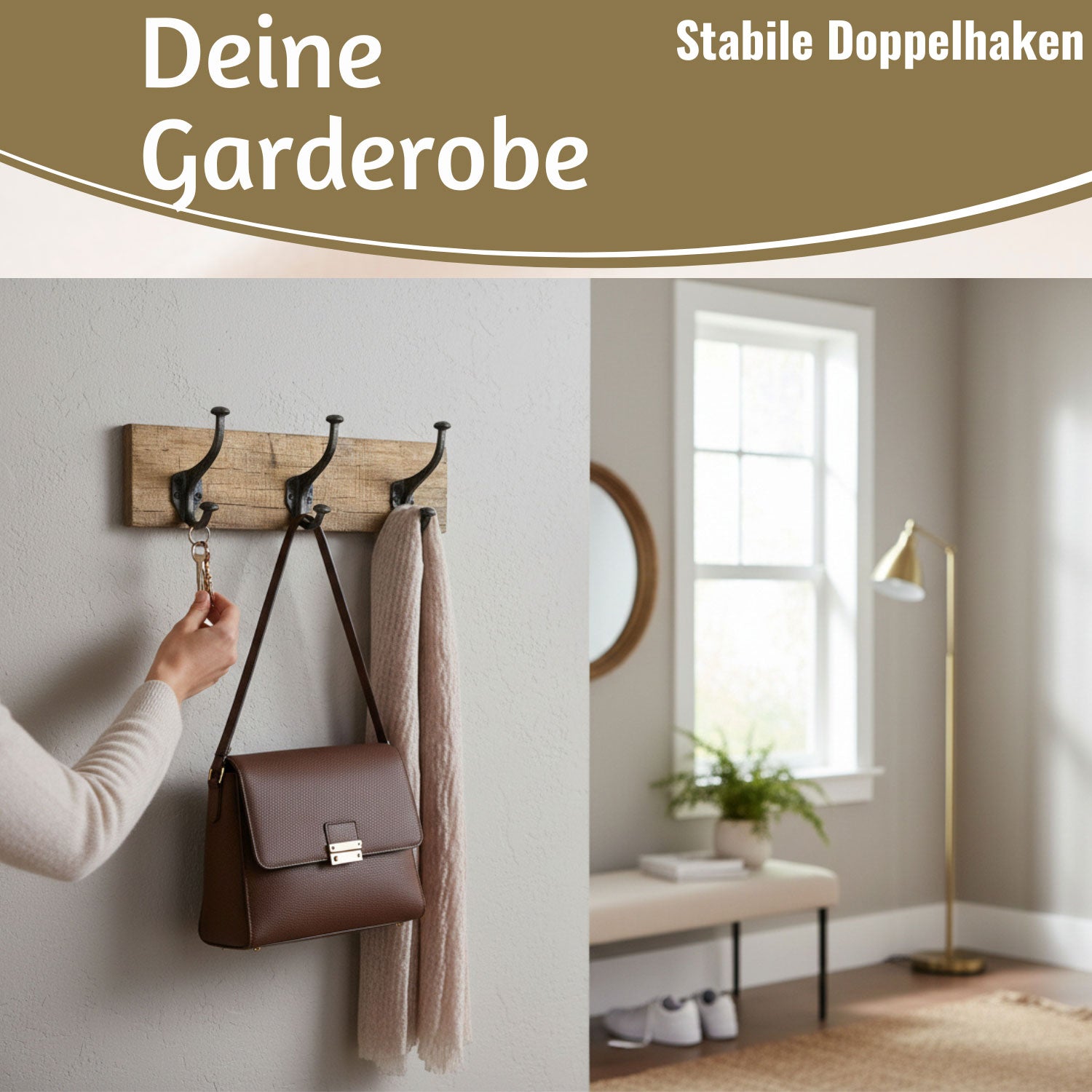 LS-LebenStil Möbel Wohnen Wandgarderobe Teak 38cm braun 3 Haken
