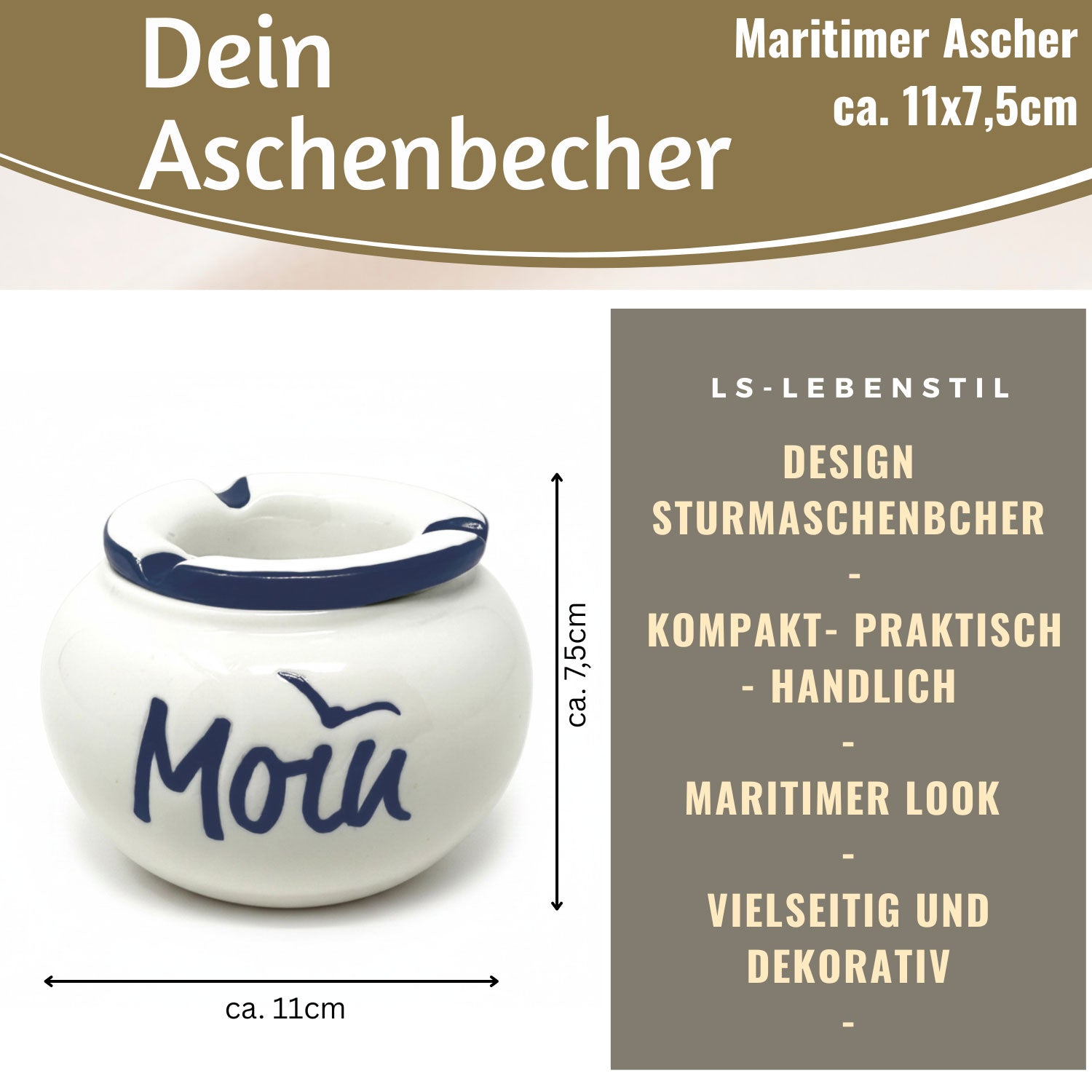 LS-LebenStil Moin Sturmaschenbecher Keramik Weiß Blau 10x7,5cm