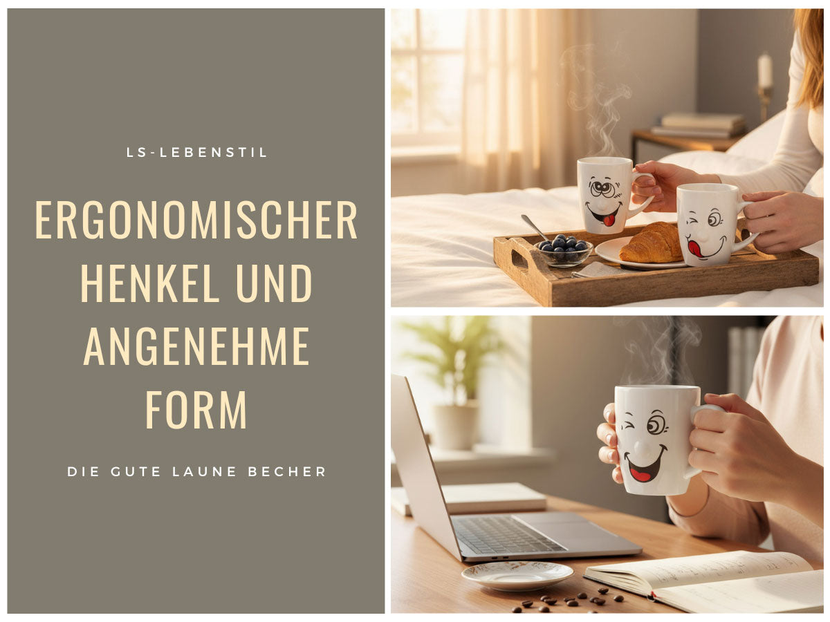 LS-LebenStil Smiley Kaffeebecher 300ml Set 3-tlg Weiß Henkel