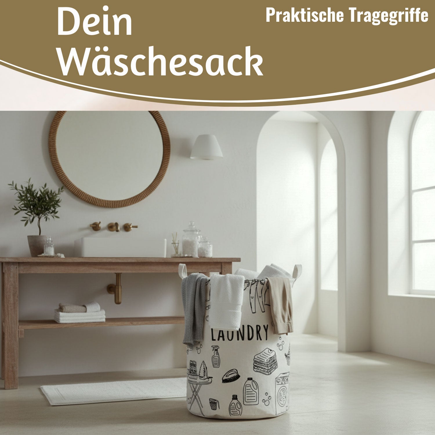 LS-LebenStil Laundry Wäschesack Canvas 62L creme 50cm faltbar