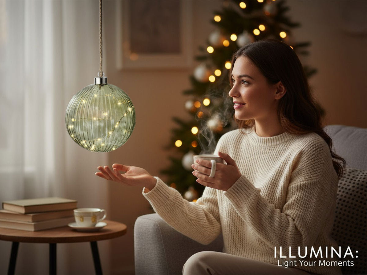 LS-LebenStil Kampen XL Deko Lichtkugel 14cm Grün Silber 30 LED
