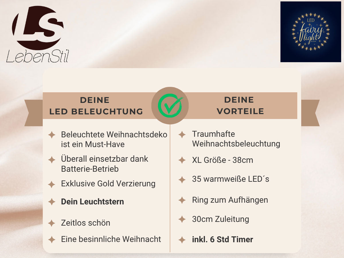 LS-LebenStil Möbel Leuchtstern Gold 38cm 2er LED Timer