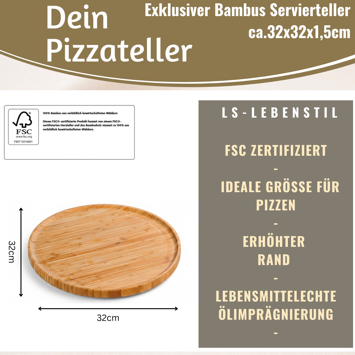 LS-LebenStil XL Pizzateller Bambus Rund 32cm Servierteller