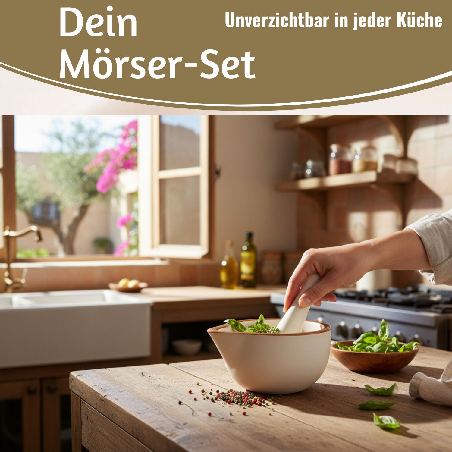 LS-LebenStil Küche & Haushalt Keramik Mörser Braun-Weiß 12cm Gewürz
