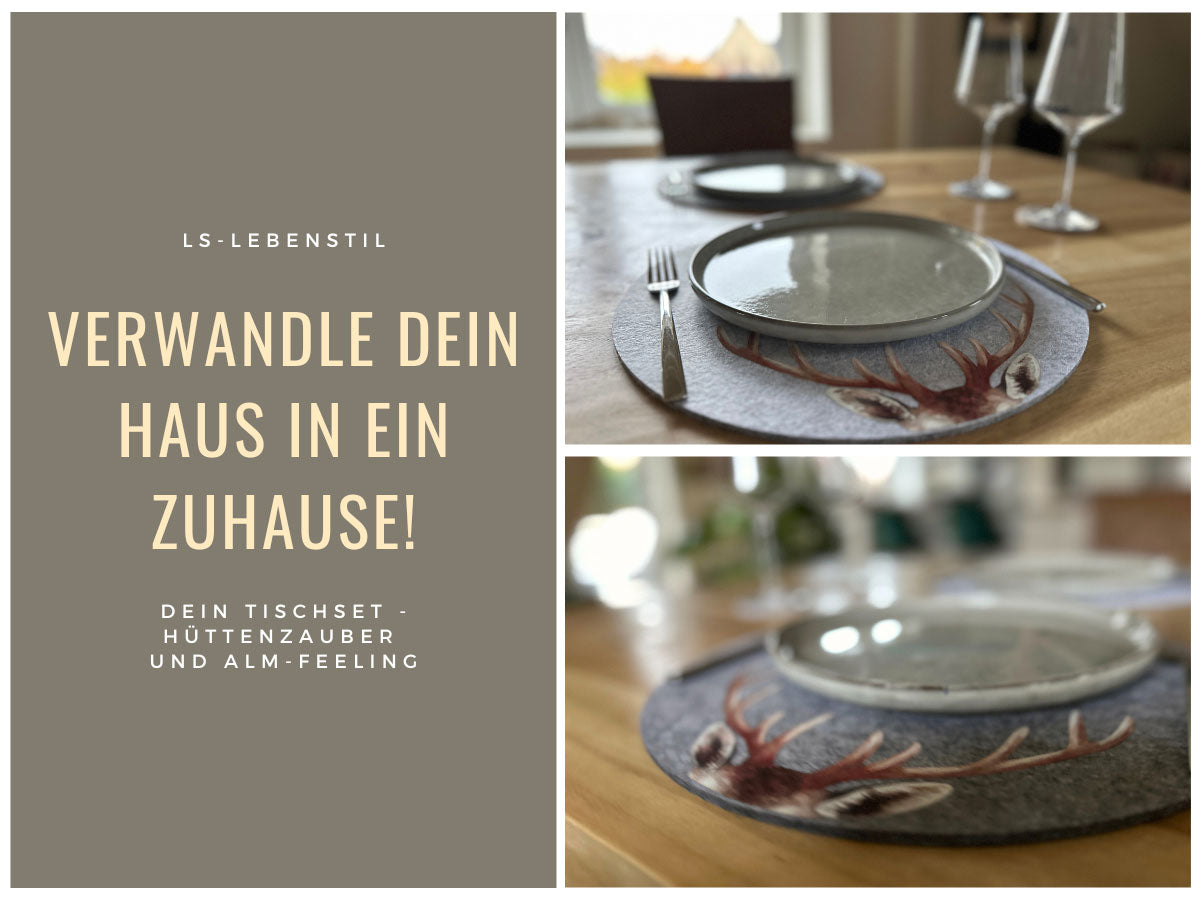 LS-LebenStil Tischset Filz Hirschgeweih Hellgrau 38cm 2er Set