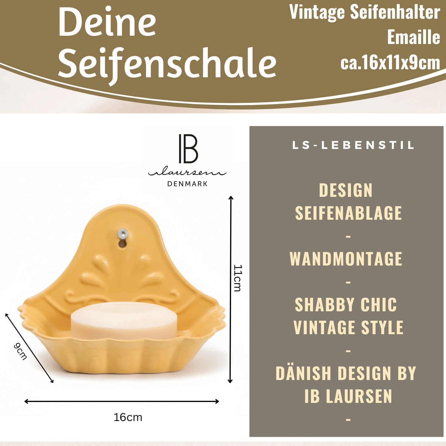 IB Laursen Seifenschale Emaille Gelb 16cm Wandmontage
