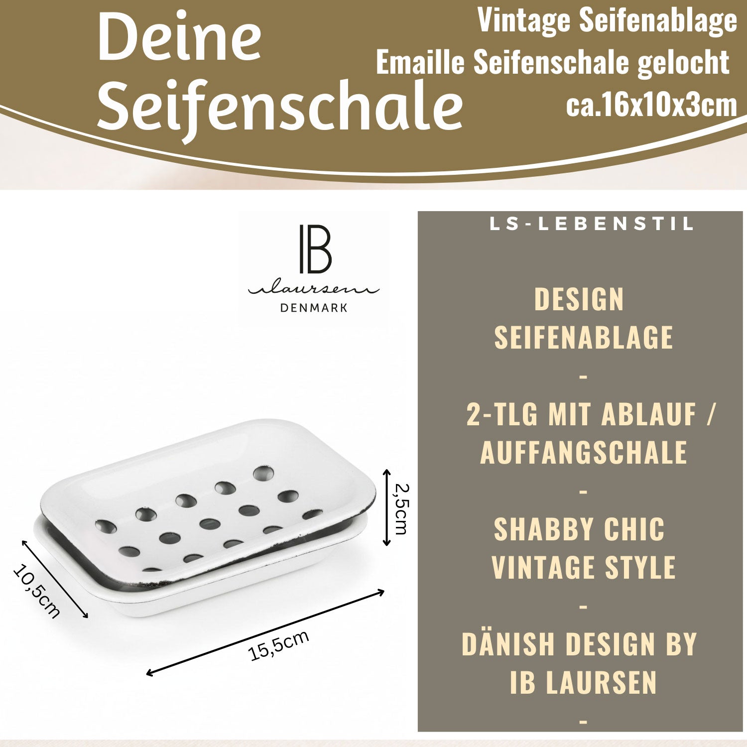 LS-LebenStil Altum Seifenschale Emaille weiß 15 cm 2-tlg