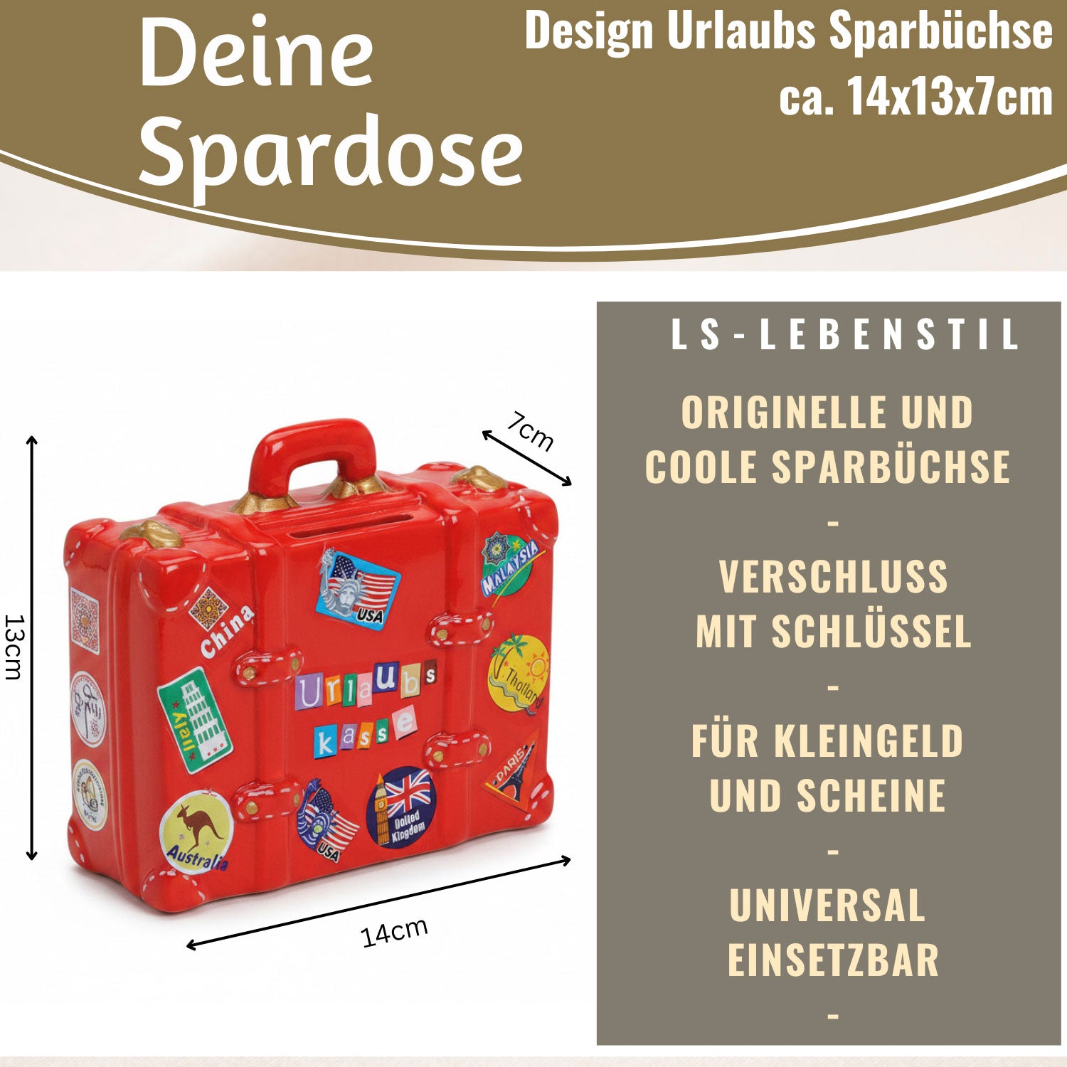 LS-LebenStil Urlaubskasse Sparschwein Koffer Rot Keramik