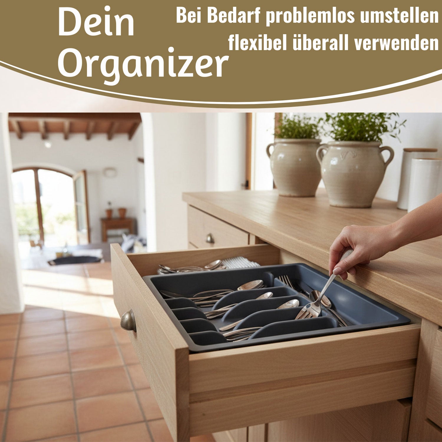 LS-LebenStil Besteckkasten 29-50cm Grau Ausziehbar Organizer