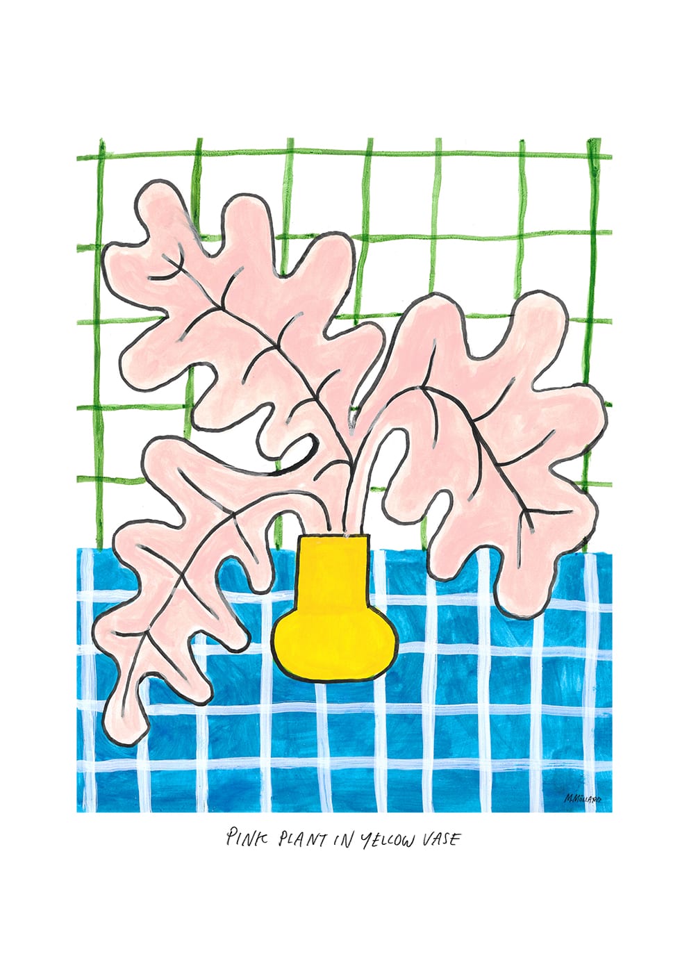 The Poster Club Pink Plant in Yellow Vase Poster A4 rosa