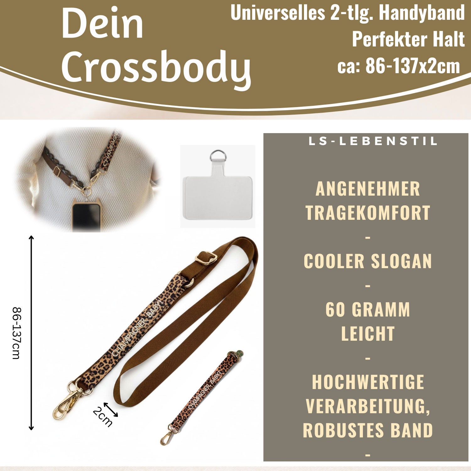 LS-LebenStil Handykette Champagner Baby Leo 86-137cm Textil