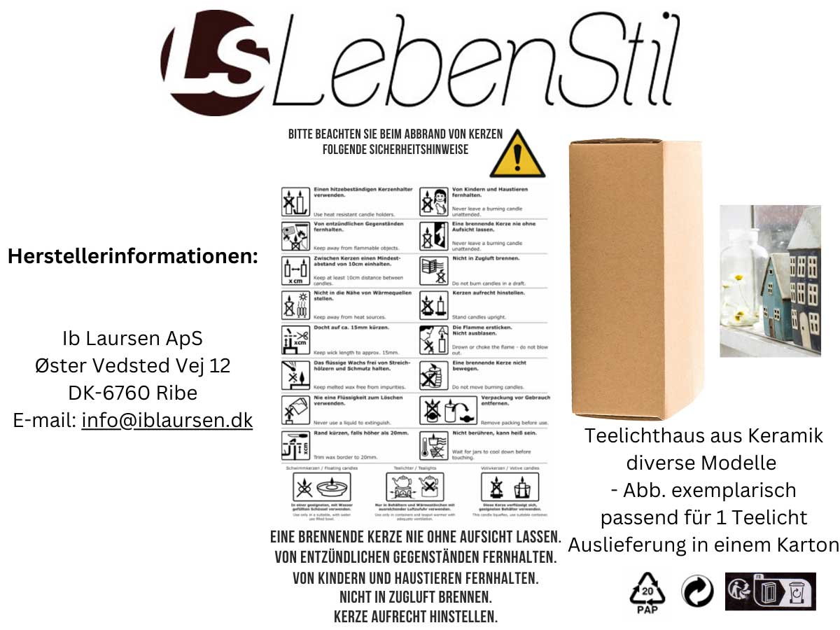 LS-LebenStil Nyhavn Teelichthaus 20cm Blau Keramik Fachwerk