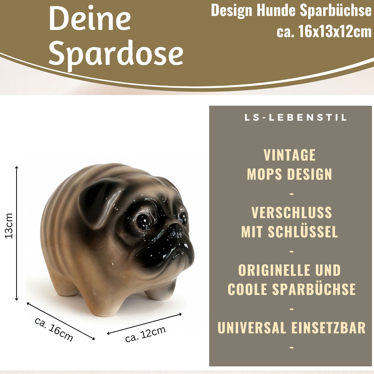 LS-LebenStil Mops Spardose Keramik 13cm abschließbar Hund