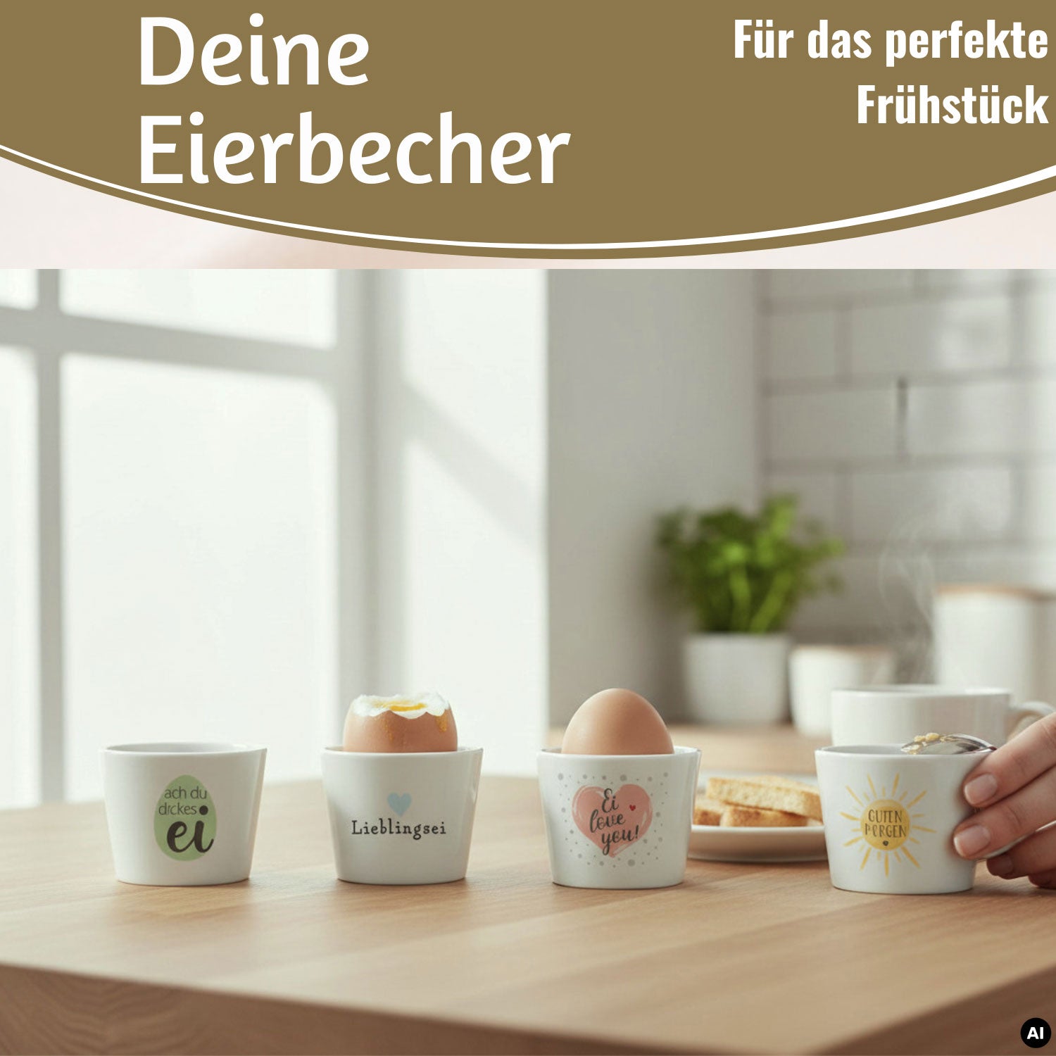 LS-LebenStil Eierbecher Porzellan 4er Set Sprüche Gute Laune