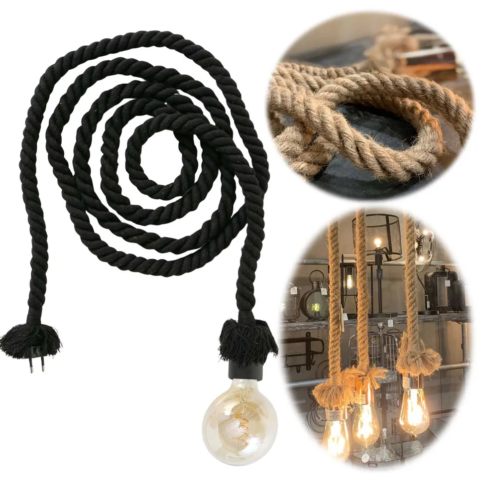 LS-LebenStil Möbel & Wohnen Pendelleuchte 300cm Schwarz Sisal-Seil