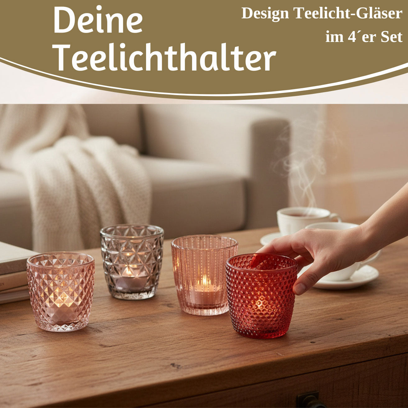 LS-LebenStil Retro Glas Teelichthalter Rosa 7cm 4er Set