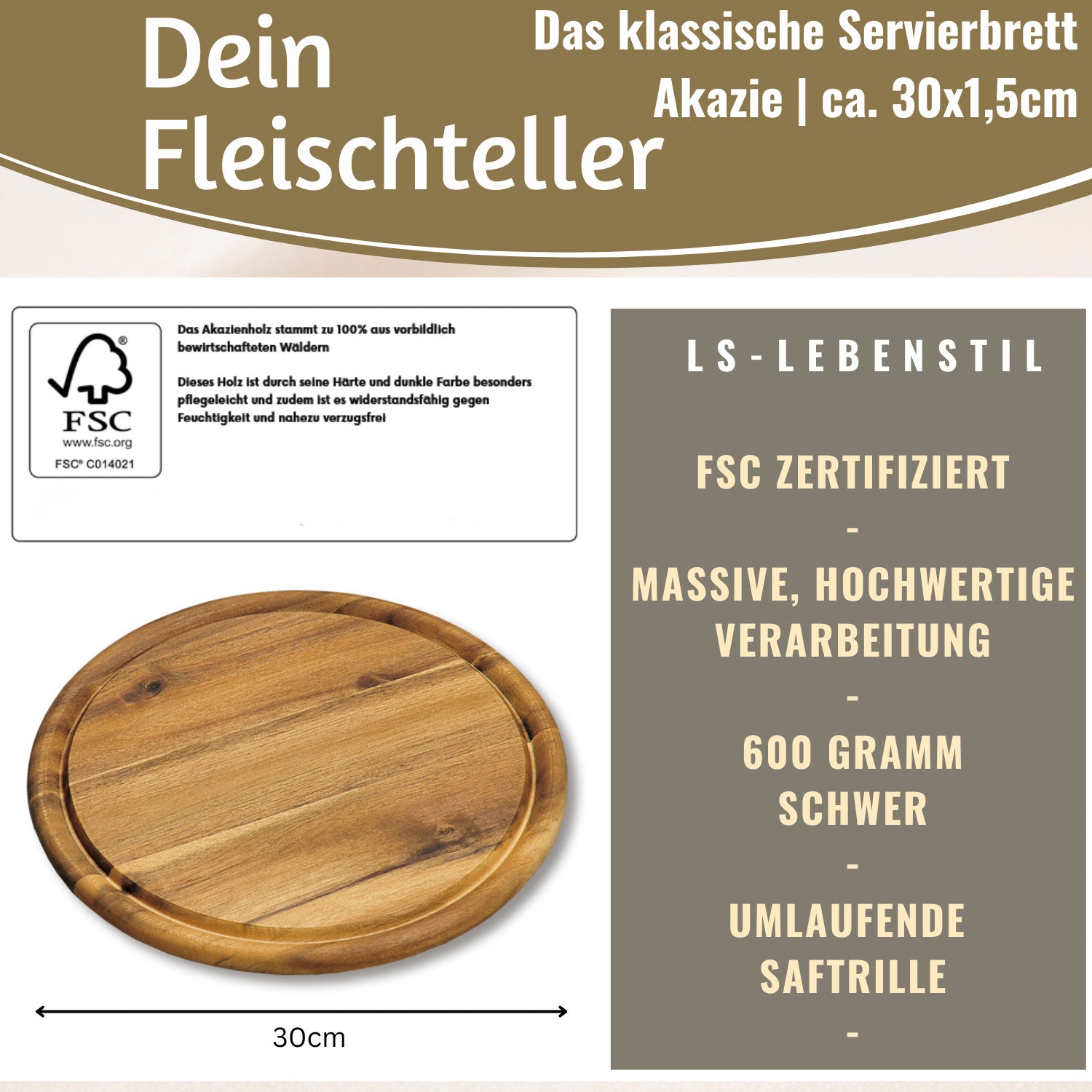 LS-LebenStil Fleischteller Akazie Rund 30cm Servierteller