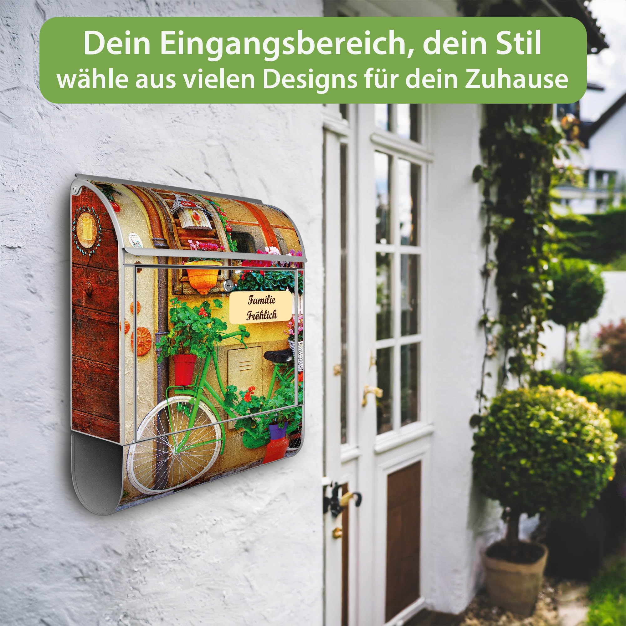 Banjado Briefkasten Grünes Fahrrad Postkasten Silber mit Name A4