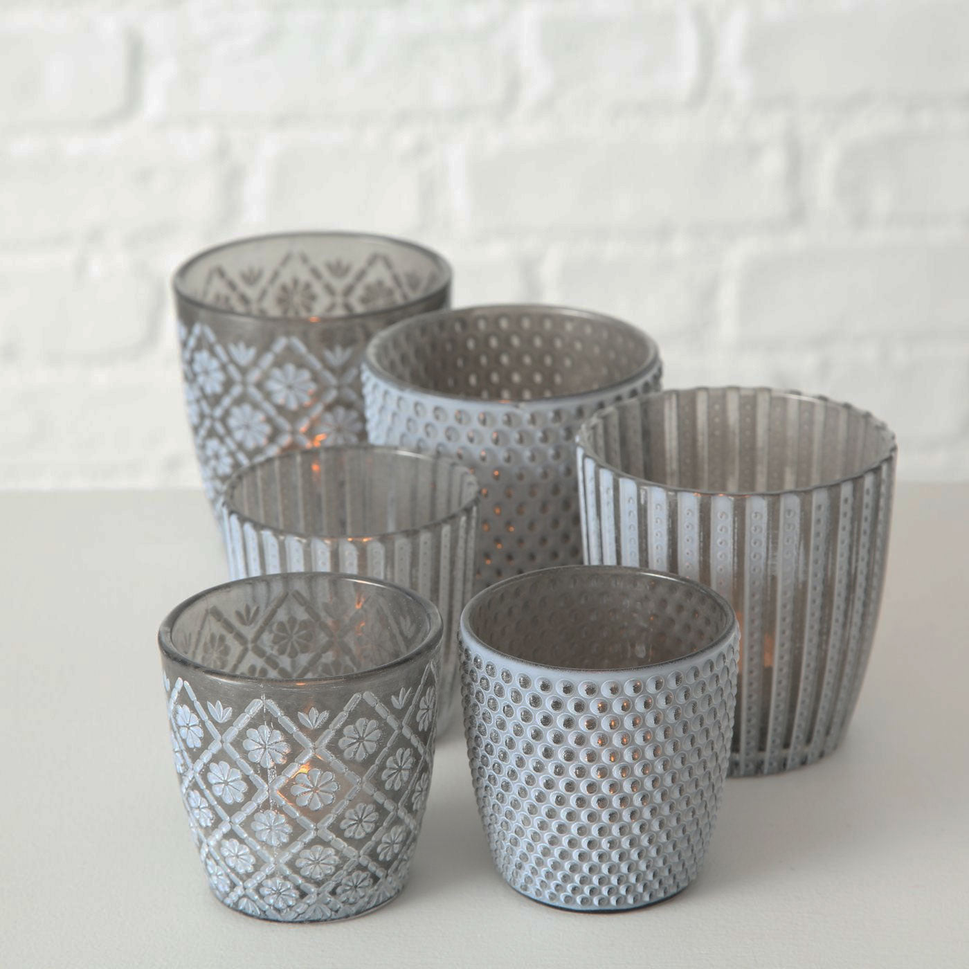 LS-LebenStil Retro Glas Teelichthalter Grau Punkte 2er Set